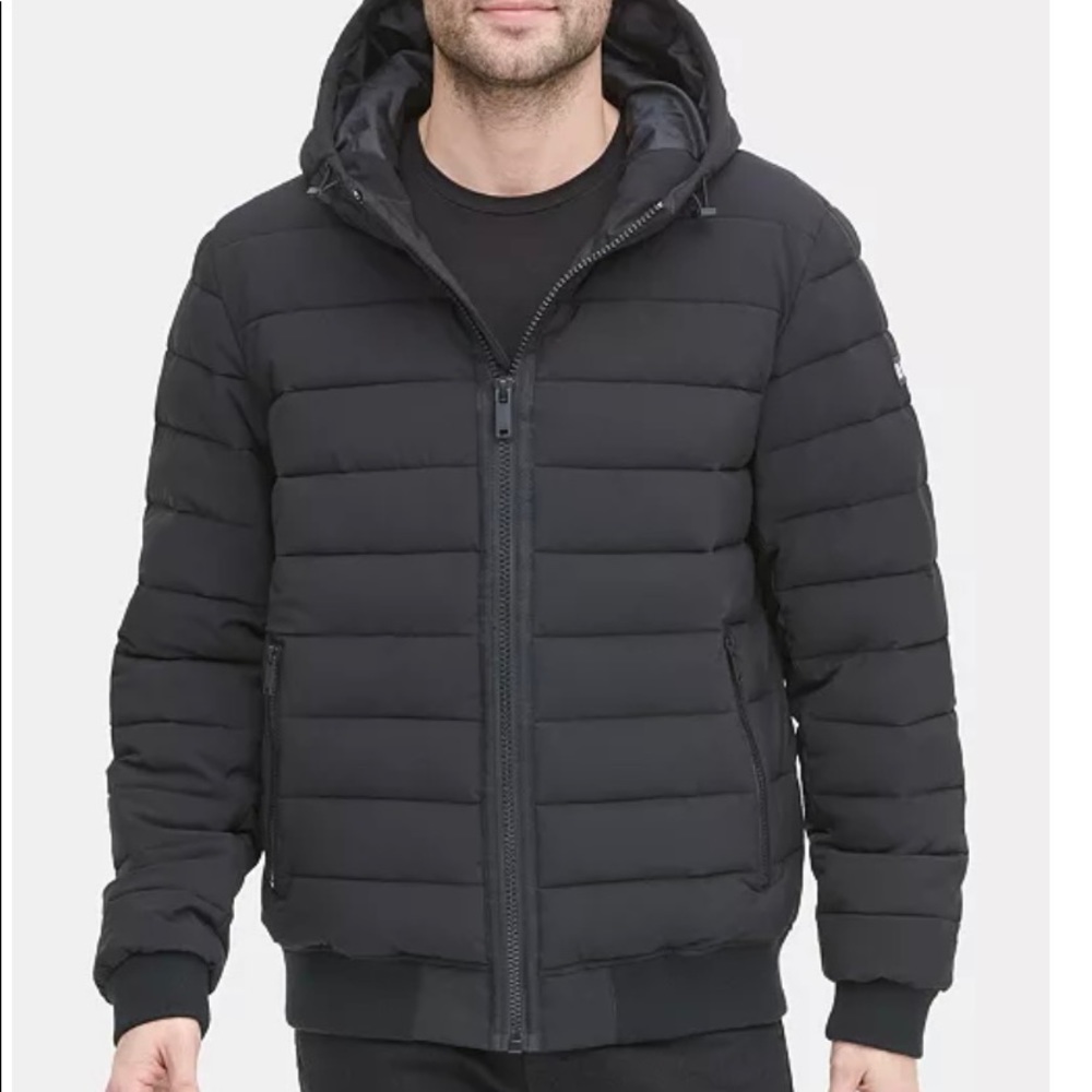 NWT DKNY Black Hooded Zipper Quilted Bomber Jacket